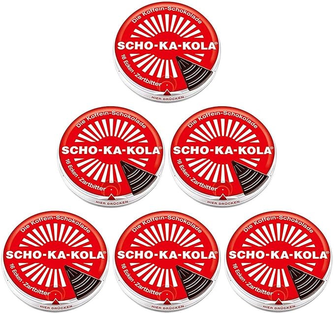 Dark Chocolate SCHO-KA-KOLA with natural Caffeine from Cocoa Cola-Nut-Powder and Coffee 6 tins x 100 g / Germany
