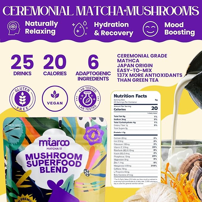 Mushroom Matcha 150g (25 servings 70mg Caffeine Zero Sugar) with Lion’s Mane Cordyceps Reishi Chaga | Adaptogenic Nootropic Calm Energy Gut Support &amp Cognitive Improvement | Miaroo