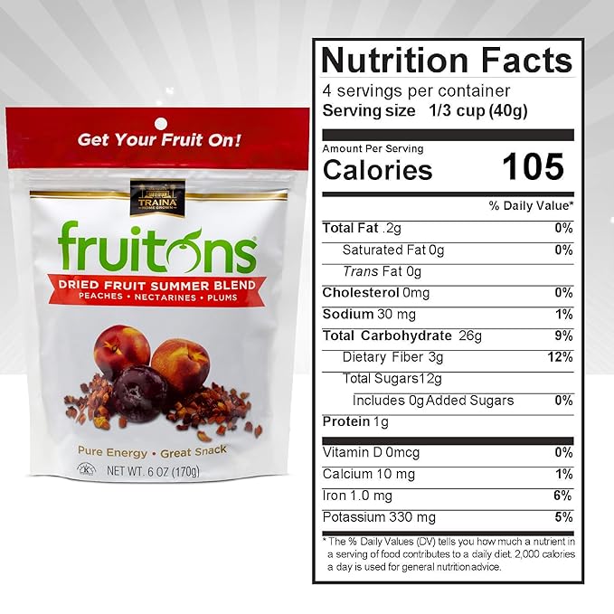 Traina Home Grown Fruitons California Sun Dried Summer Blend Fruit Mix - Peaches Nectarines and Plums No Sugar Added Non GMO Gluten Free Kosher Certified 6 oz pouch (pack of 2)