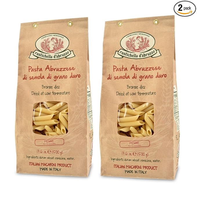 Rustichella d'Abruzzo Penne Pasta (Pack of 2) 500g Each - Classic Durum Wheat Short Quill-Shaped Pasta - Perfect for Sauces and Baked Dishes - Cooks in 10-12 Minutes - Authentic Italian Pasta