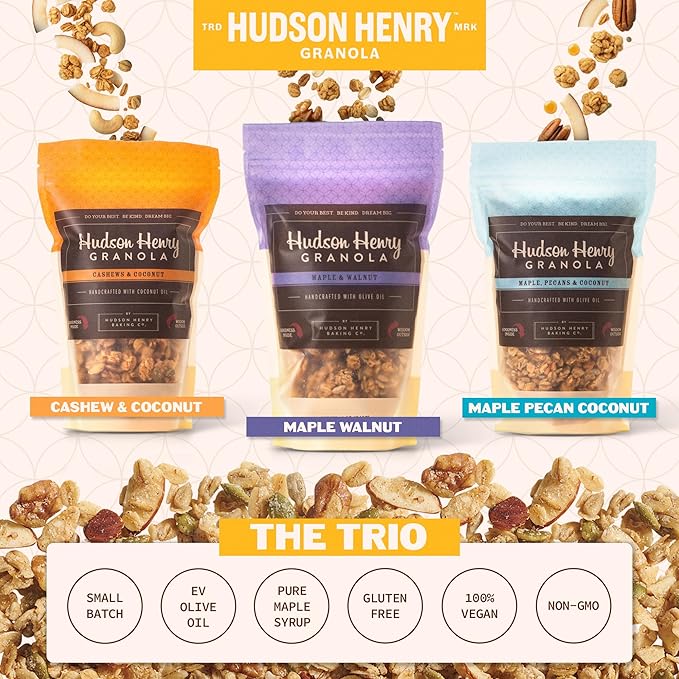 Hudson Henry Granola Trio Pack for Yogurt Snacking &amp Cereal | Maple Pecan Cashew Coconut &amp Maple Walnut Granola | Gluten Free Non-GMO Small Batch Baked | 3 Pack (12 oz Bags)
