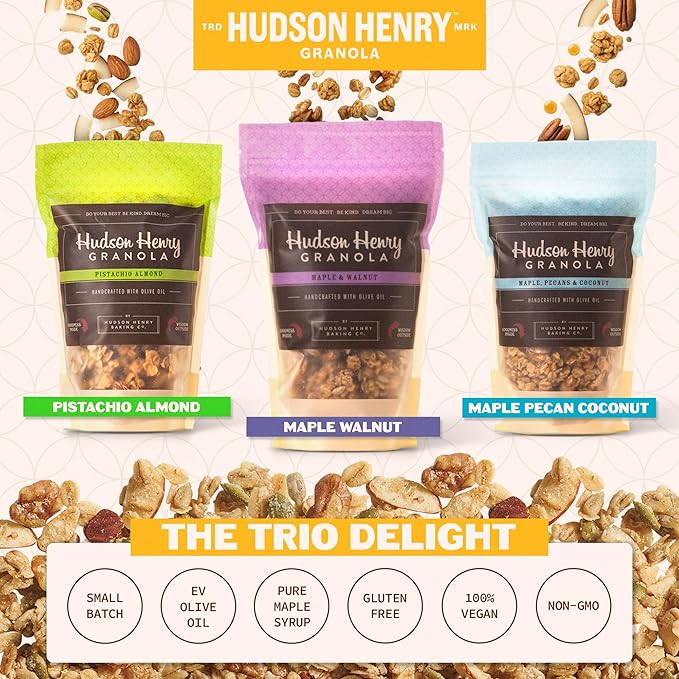 Hudson Henry Granola Trio Delight for Yogurt Snacking &amp Cereal | Maple Pecan Coconut Maple Walnut &amp Pistachio Almond Granola | Gluten Free Non-GMO Small Batch Baked | 3 Pack (12 oz Bags)