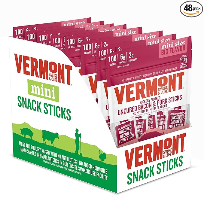 Vermont Smoke &amp Cure - Hickory Smoked Uncured Bacon Pork Sticks - Meat Protein Snack - Portable Healthier Meat Snack for Adults &amp Kids - 0.5 oz Protein Snack - 48 Count