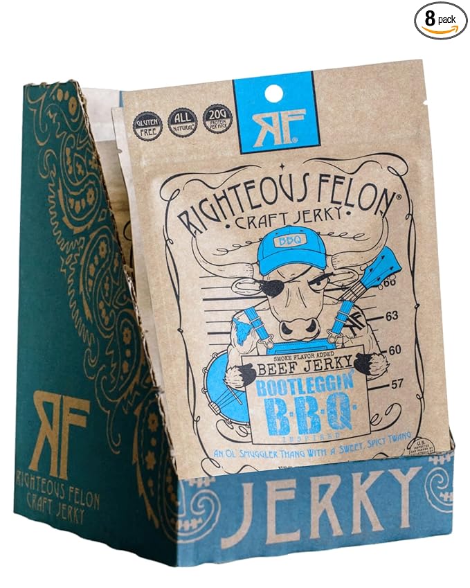 Righteous Felon Beef Jerky - Baby Blues BBQ Jerky - Gluten-Free Snacks - All-Natural Locally Sourced &amp Dried Beef Jerky - Low-Sugar High-Protein Healthy Snacks - 2 Ounces Each Pack of 8