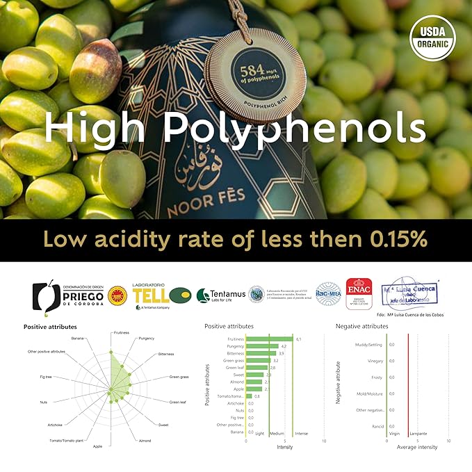 NOOR FÈS USDA Organic Extra Virgin Olive Oil | 584 mg/kg High in Polyphenols | 100% Unrefined | Moroccan Cold Extracted EVOO | Less than 0.15% Acidity | Handpicked Picholine Olives | Pack of 2