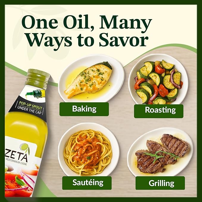 Zeta Extra Virgin Olive Oil 25.3 fl oz | Premium Glass Bottle with Pop-Up Spout | Cold-Pressed | Product of Spain | Ideal for Baking Cooking Grilling Roasting Pasta &amp Salads