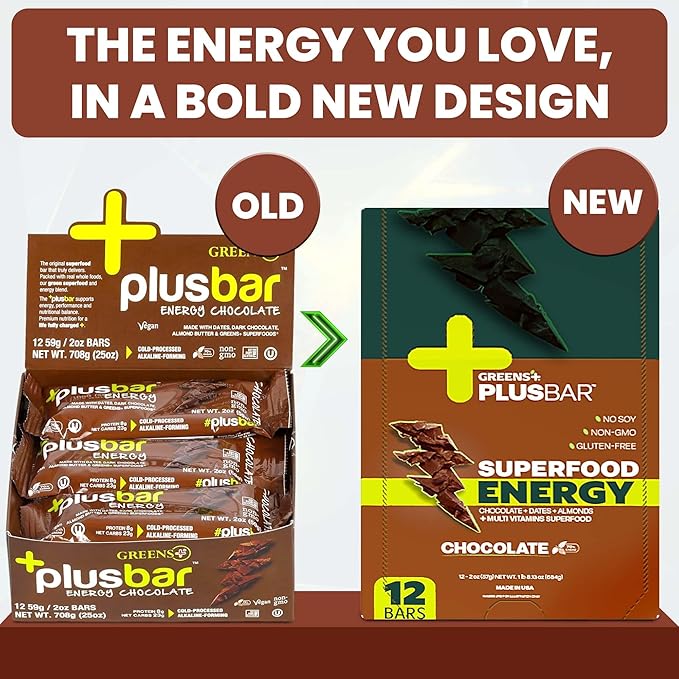 Greens+ Plusbar Energy Chocolate | Gluten Free Energy Bar | Organic Greens | Organic Dark Chocolate | Non GMO | 12 Bars