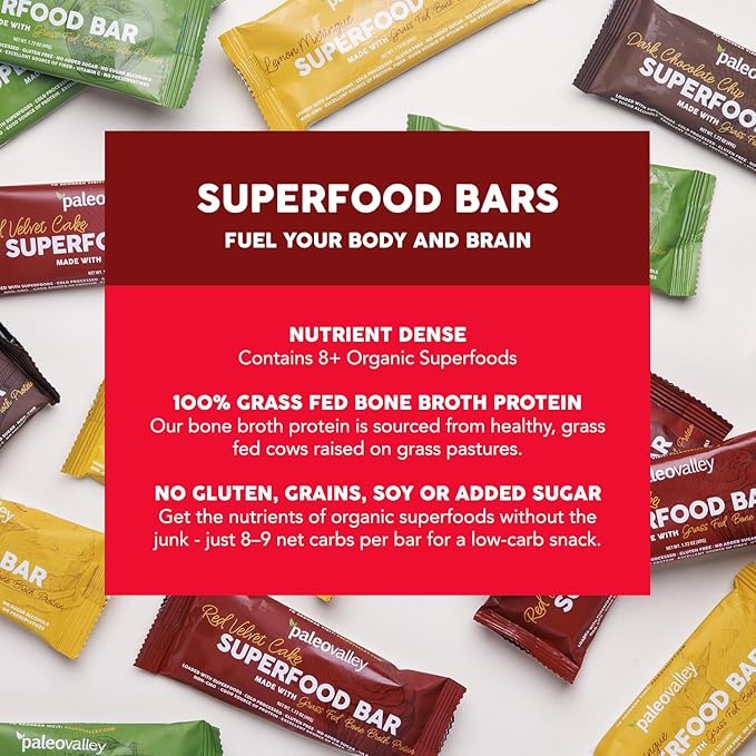 Paleovalley Superfood Bars – Red Velvet– 10 Pack – 9g Protein per Bar – Gluten-Free Grain-Free Paleo Non-GMO – On-the-Go Snack