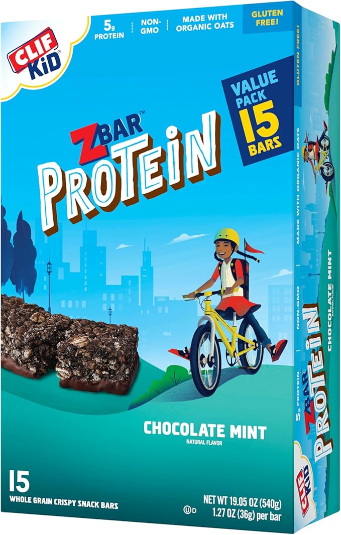 CLIF Kid Zbar Protein Bars - Chocolate Chip Chocolate Mint Cookies 'n Creme - 30 Count Pack with 5g Protein per Bar