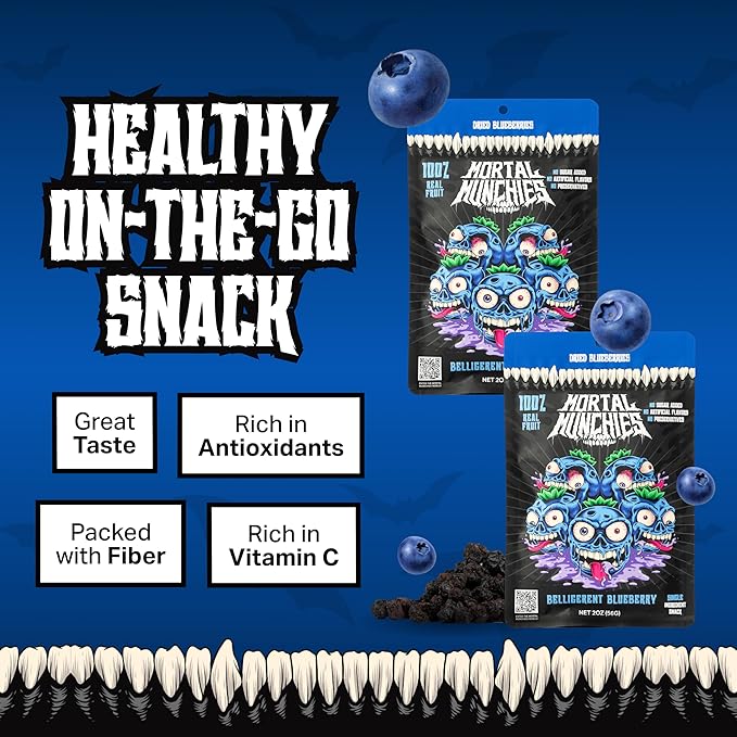 Mortal Munchies - Belligerent Blueberry Dried Fruit (6 Pack 2 Oz) Real Fruit Snack Sweet and Tart Rich in Antioxidants Fat-Free On-the-Go Snacks Healthy Snack for Adults Non-GMO No Added Sugar