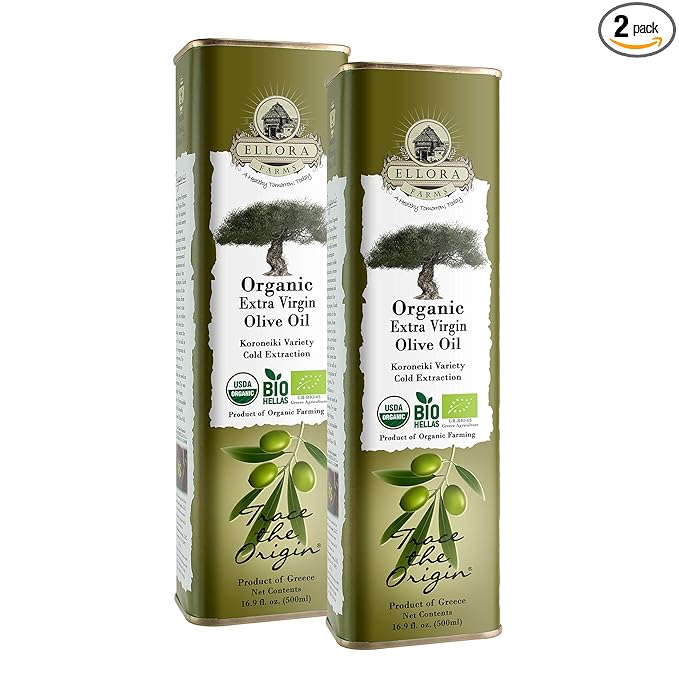 Ellora Farms Organic Extra Virgin Olive Oil High in Phenols Cold Press Traceable Single Origin Extra Virgin Greek Olive Oil Kosher 17 oz. tin Pack of 2