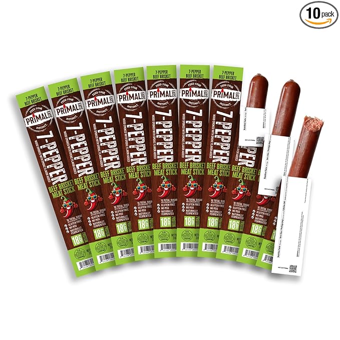 Primal Eats 7-Pepper 100% Beef Brisket Meat Sticks 3oz 10-Pack - 18g Lean Meat Protein Keto Paleo Carnivore Gluten Free Zero Sugar Beef Jerky Snack Stick