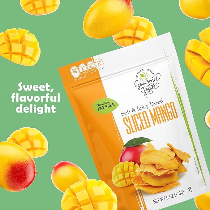 Gourmet Grove - Sliced Mango 6 oz Snack Packs | Soft Juicy Natural Dried Mango Slices | Lightly Sweetened (Pack of 12)