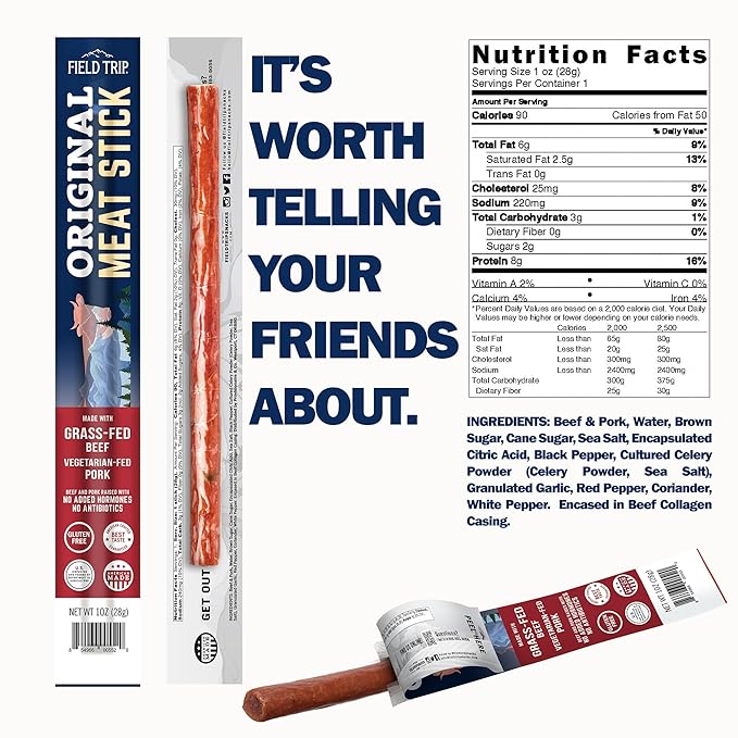 Field Trip Grass Fed Original Jerky Snack Sticks Keto Paleo Gluten Free Allergy Friendly Snack High Protein 90 Calorie Snack 1oz 24 Pack