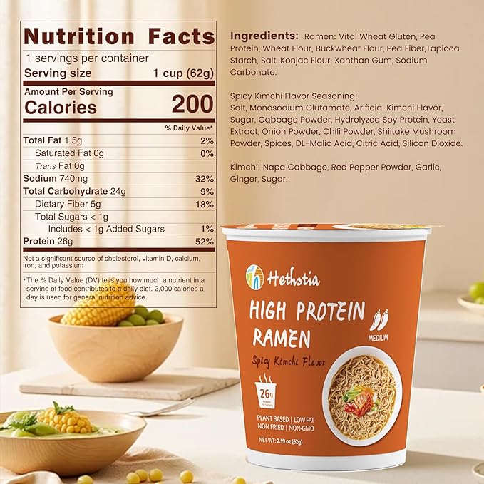 Hethstia High Protein (26g) Ramen Cup Noodles Spicy Kimchi Flavor 6 Count Plant Based Vegan Noodle Soup Non Fried Low Sugar Low Fat Ready to Eat Healthy Asian Meal &amp Holiday Gift