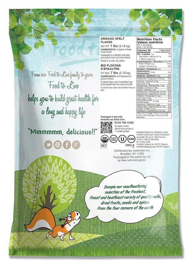 Food to Live Organic Spelt Flakes 7 Pounds - Rolled Spelt Made from Whole Grain Non-GMO Berries Uncooked Raw Whole Foods Vegan Kosher Bulk Great for Breakfast Cereal and Granola.