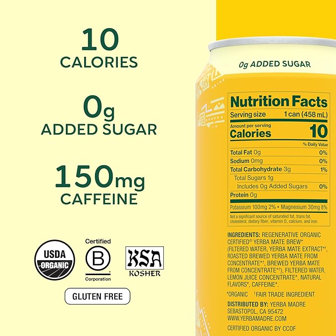 Yerba Madre Organic Yerba Mate Energy Drink Alternative Unsweetened Original Yerba 150mg Plant Based Caffeine Smooth Energy &amp Focus No Jitters or Crash 15.5oz Cans (Pack of 12)