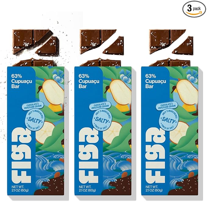 Figa Foods 63% Salty Cupuaçu Bar - Date Sweetened Vegan Gluten Free Caffeine Free Only 3 Ingredients plus Sea Salt - Chocolate's Brazilian Cousin [60g] - 3 Pack