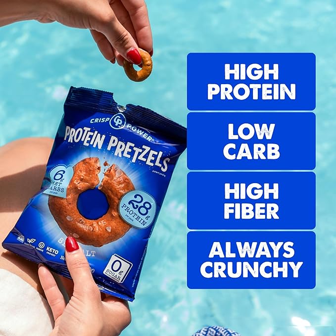 CRISP POWER Protein Pretzels Sea Salt 28G Protein High Protein Snack High Fiber Low Carb Crunchy Pretzel Snacks No Added Sugar 1.75 oz Bags 6 Pack Vegan Keto