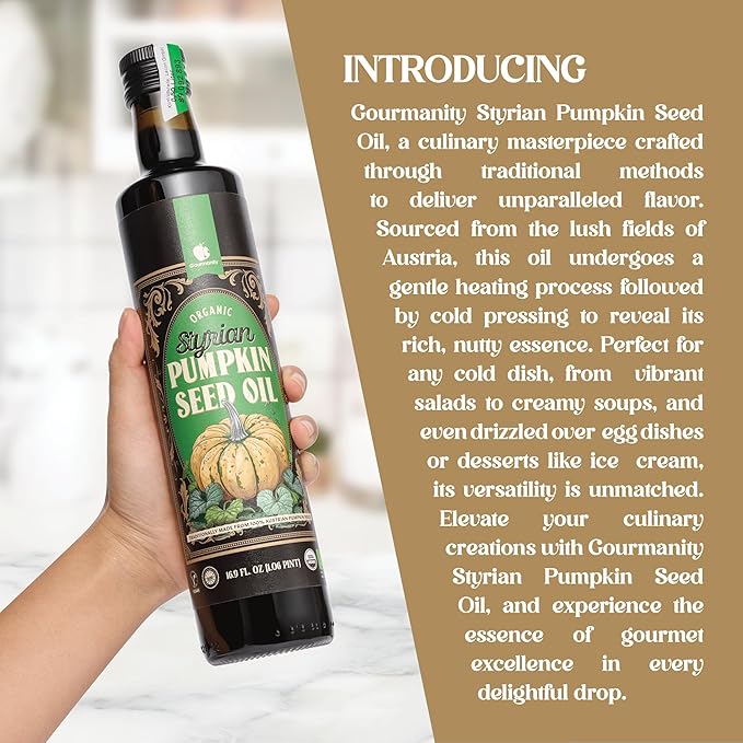 Gourmanity Organic Cold Pressed Styrian Pumpkin Seed Oil Traditionally Made in Austria 100% Pure Healthy and Delicious Oil Non-GMO Vegan and Keto Friendly Perfect Drizzled Over Salads 16.9 oz