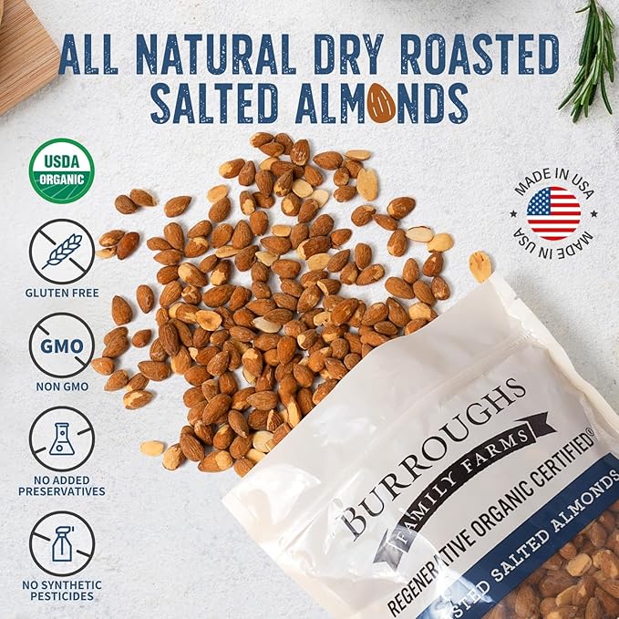 Burroughs Family Farms 3 lb Roasted Salted Almonds – USDA Organic First Regenerative Organic Certified Almond Farm – 2x the Antioxidants and Vitamin B Versus Other Almonds – Lightly Salted &amp Perf