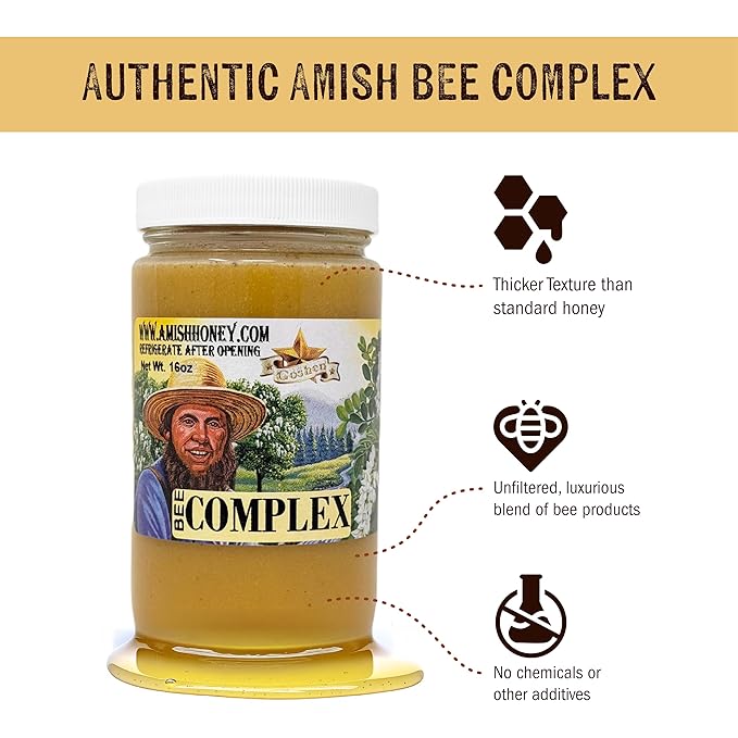 Goshen Amish Raw Honey Bee Complex - With 4 Types of Honey plus 4 Bee Hive Products - Unfiltered Unprocessed Pure &amp Natural Bee Essence - Wellness &amp Energy - Dairy &amp Gluten Free - 454g /