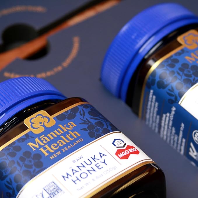 Manuka Health Holiday Gift Set Certified Raw Manuka Honey from New Zealand Includes UMF 20+/MGO 850+ 8.8oz Jar and UMF 13+/MGO 400+ 8.8 oz Jar with Wood Spoon