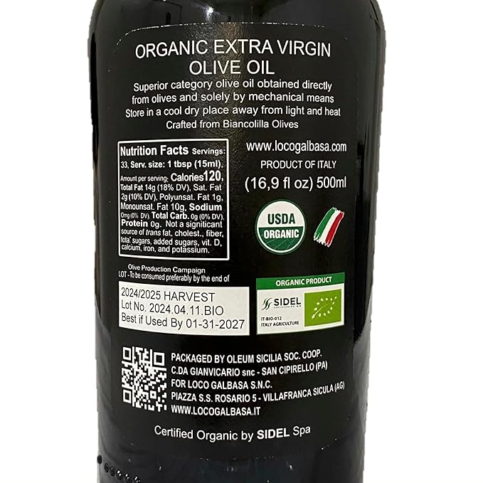 Galbasa - Organic Olive Oil from Sicily Italy - Extra Virgin First Cold Pressed Early Harvest - Polyphenol Rich Peppery Finish No Pesticides - 16.9 fl oz