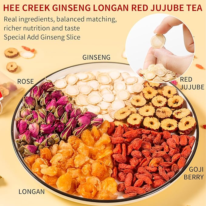 Hee Creek Ginseng Longan Red Date Tea 10.58oz / 20 Count Wolfberry Jujube Rose Herbal Blends Women Energy Tea for Cold Hands and Feet Period Care Warming Nourishing Caffeine Free 人参桂圆红枣茶 女人茶 女神茶