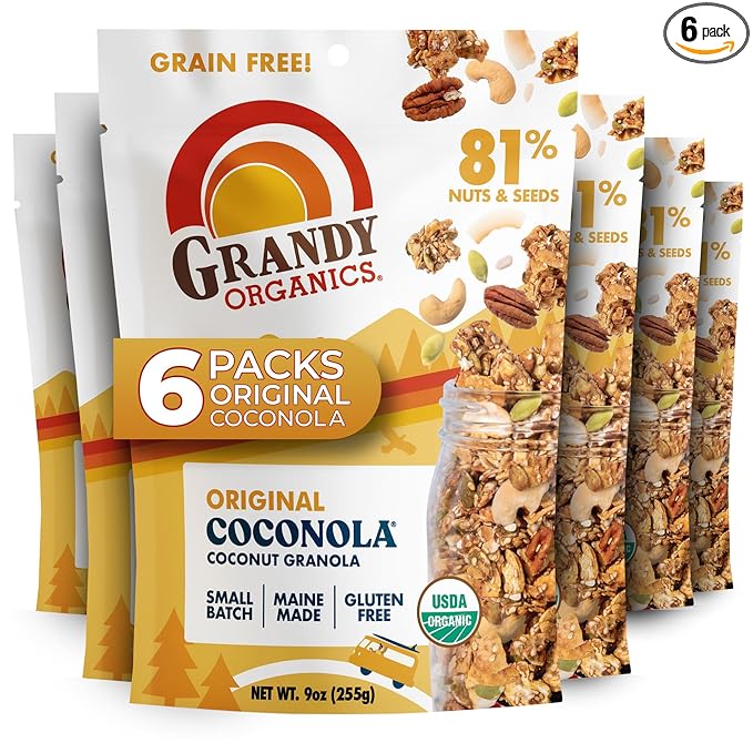 Grandy Organics Original Coconola Granola Certified Organic Gluten Free Granola Grain Free Vegan and Paleo Original Flavor Coconola 9oz Each Pack of 6