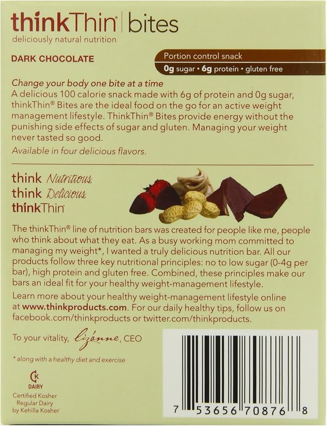 thinkThin BITES 100 Calorie Dark Chocolate Gluten Free 5-Count (0.88-Ounce) Bars (Pack of 6)