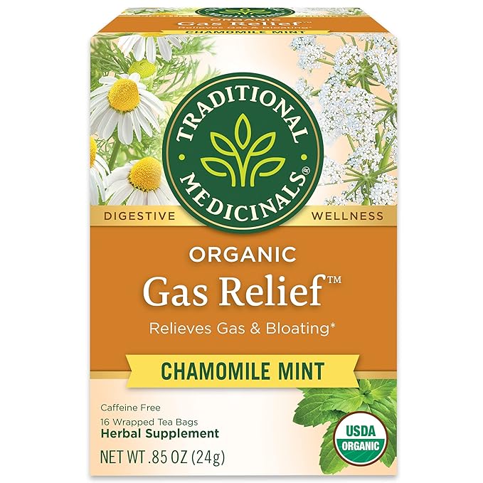 Traditional Medicinals Organic Gas Relief Chamomile Mint Herbal Tea Relieves Gas &amp Bloating (Pack of 3) - 48 Tea Bags Total