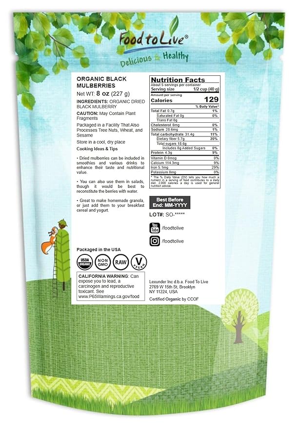 Food to Live Organic Dried Black Mulberries 8 Ounces – Non-GMO Raw Fruit Unsulfured Unsweetened Vegan Mulberry in Bulk. Great for Snacking Desserts and Granola. No Sugar Added. Morus nigra