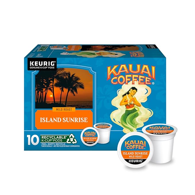 Kauai Coffee K-Cup Pods for Keurig Brewers – Arabica Coffee 10% Hawaiian – Mild Roast Light with Bright Aroma – Island Sunrise 1 Pack of 10 Single Serve K-Cups