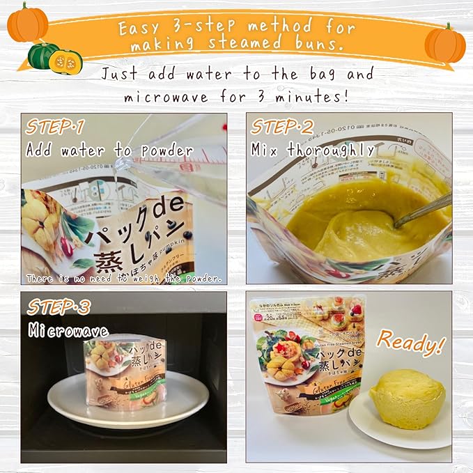 3 Packs (3 x 2.8oz) GMO-Free Japanese Steamed Bun Sorghum Flour Mix Gluten-Free Microwaveable (3 x 2.8oz Pumpkin)