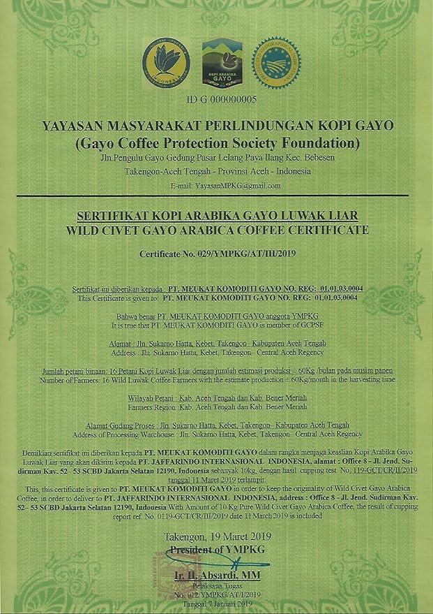 Wallacea Coffee Certified Wild Kopi Luwak Coffee Ground Civet Coffee Kopi Luwak From Gayo Sumatra Indonesia low acid medium dark roast (8.8 oz)