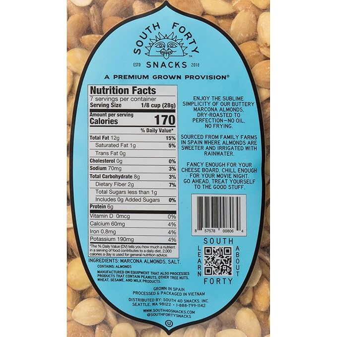 South 40 Snacks Dry Roasted Salted Marcona Almonds (6.5oz bag pack of 4)
