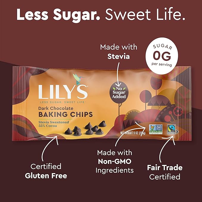 Dark Chocolate Chips by Lily's | Stevia Sweetened No Added Sugar Low-Carb Keto Friendly | 55% Cocoa | Fair Trade Gluten-Free &amp Non-GMO | 9 ounce 3-Pack Brown 4001A3