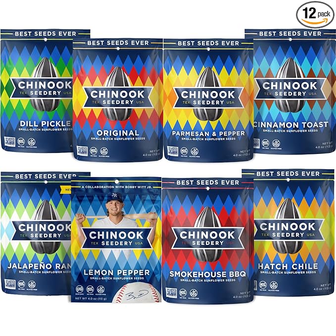Chinook Seedery Sunflower Seeds to Eat — Jumbo Flavored Roasted Low Sodium Snacks — Keto Friendly Gluten-Free Non-GMO — 8 Flavor Variety Pack 4 oz (12-Pack)