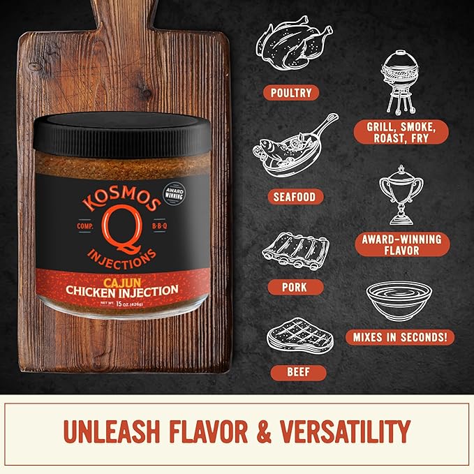 Kosmos Q Cajun Chicken Injection Award-Winning Cajun BBQ Marinade for Whole Chicken Wings Roasted and Smoked Meats Juicy Flavor with Salt &amp Spice Blend 15 Oz Jar