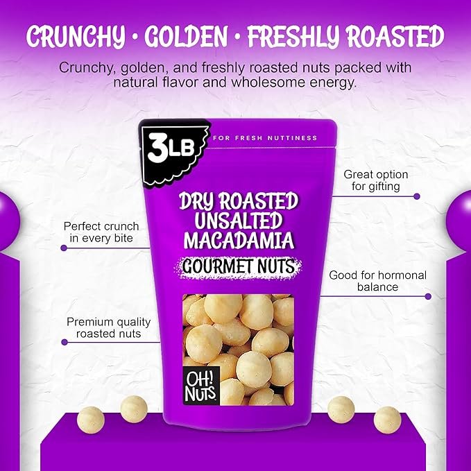 Oh! Nuts Macadamia Nuts - 3 lb - Dry Roasted Unsalted Macadamia Nuts - Oven Roasted - No Oil - Packed in New York Zip-Seal Bag for Exceptional Freshness