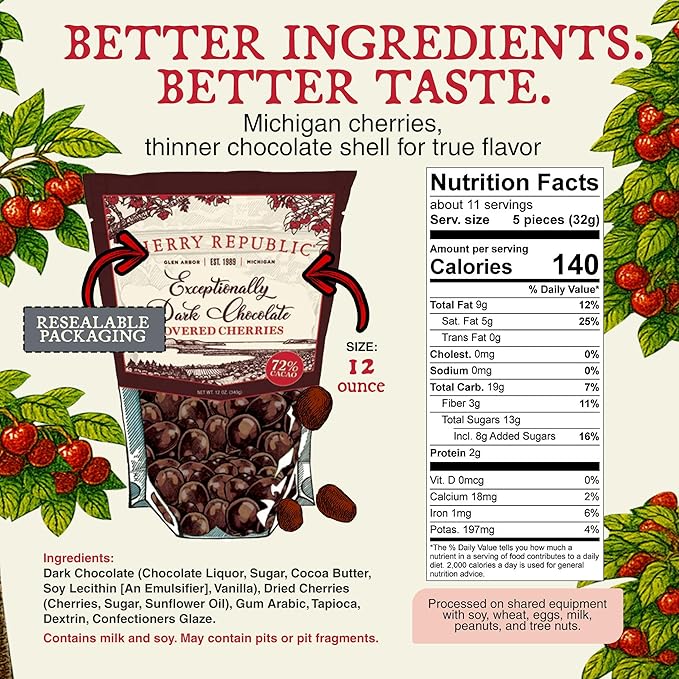 Cherry Republic Exceptionally Dark Chocolate Covered Cherries 12 oz - Real Michigan Montmorency Tart Cherries with 72% Cacao All-Natural Sweet-Tart Cherry Candy Gourmet Snack or Gift Made in USA