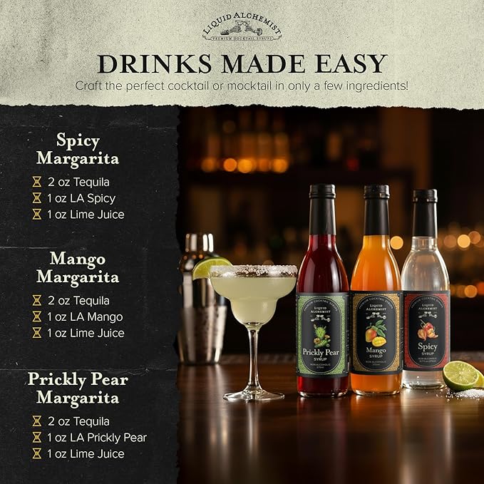 Liquid Alchemist Margarita Mix Trio Pack – Prickly Pear Mango &amp Spicy Syrup | Our Small Batch Margarita Mixers Use Real Ingredients Perfect for any Cocktail Syrup Enthusiast (3 Pack 12.7 oz Bott