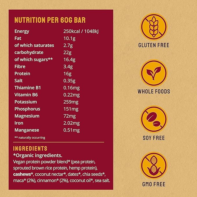 BodyMe Organic Vegan Protein Bar | Raw Maca Cinnamon | Box of 12 x 2.12oz (60g) | with 3 Plant Proteins