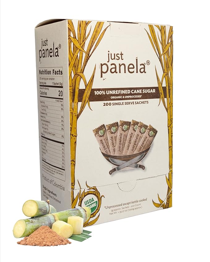 Just Panela Organic Unrefined Cane Sugar Packets 200 Ct box | 100% Unprocessed Raw Sugar | Great for Baking Cooking &amp Sweetening | Healthier Alternative to Regular Refined Sugar