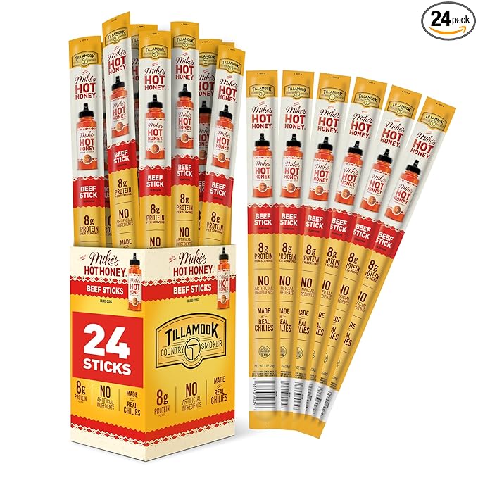 Tillamook Country Smoker 100% Premium Beef Sticks Mike's Hot Honey 1 Ounce (24 Sticks) Real Hardwood Smoked Sausages Low Carb High Protein Individually Wrapped Ready to Eat Sweet &amp Spicy Sna