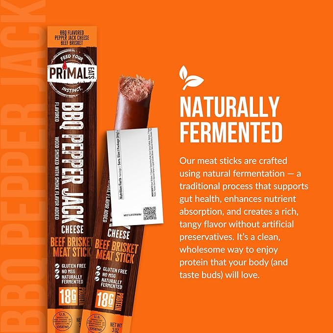 Primal Eats BBQ Pepper Jack Beef Brisket Meat Sticks 3oz 10-Pack - 18g Lean Meat Protein Keto Paleo Carnivore Gluten Free Beef Jerky Snack Stick