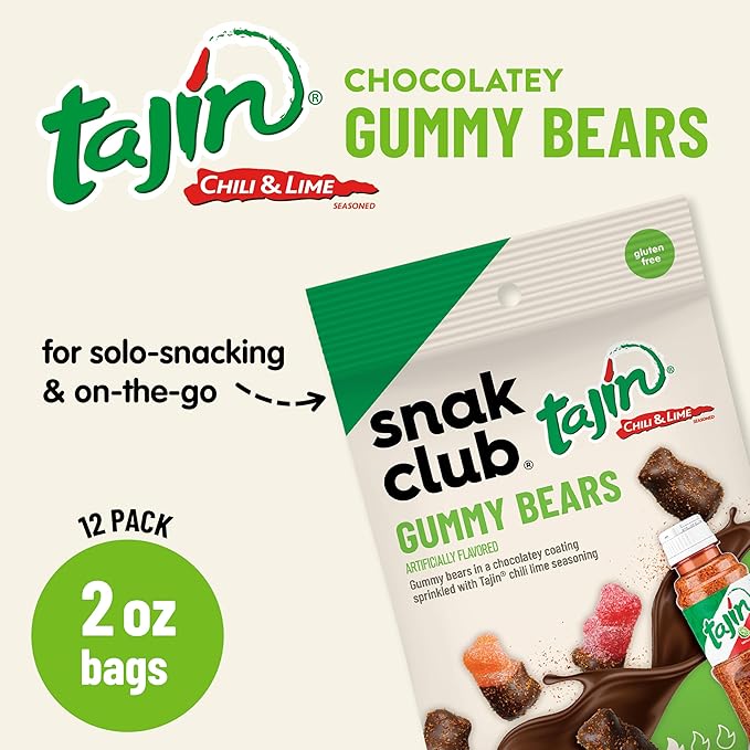 Snak Club Tajin Chocolatey Gummy Bears Assorted Chocolate Covered Fruit Candy Gummies with Chili and Lime Seasoning Mild Gluten-Free Snacks 2 oz Snack Bags 12 Pack