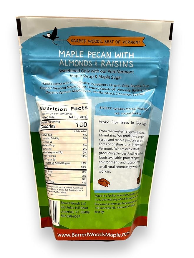 Barred Woods Maple Crunch Granola - Maple Pecan with Almonds and Raisins - Sweetened With Only Our Own Vermont Organic Maple Syrup and Maple Sugar - 10oz Bag (Case of 3 Bags)