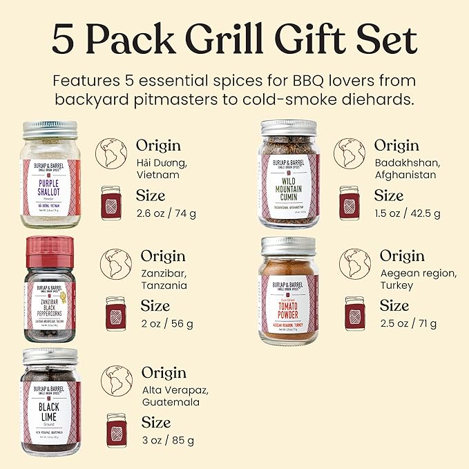 Burlap &amp Barrel BBQ Rub &amp Seasoning Gift Set – 5 Jars of Single-Origin Spices Including Zanzibar Black Peppercorns – Meat &amp Grill Seasoning - As seen on Shark Tank